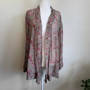 Anthropologie OS Grey and pink floral kimono Robe Rayon